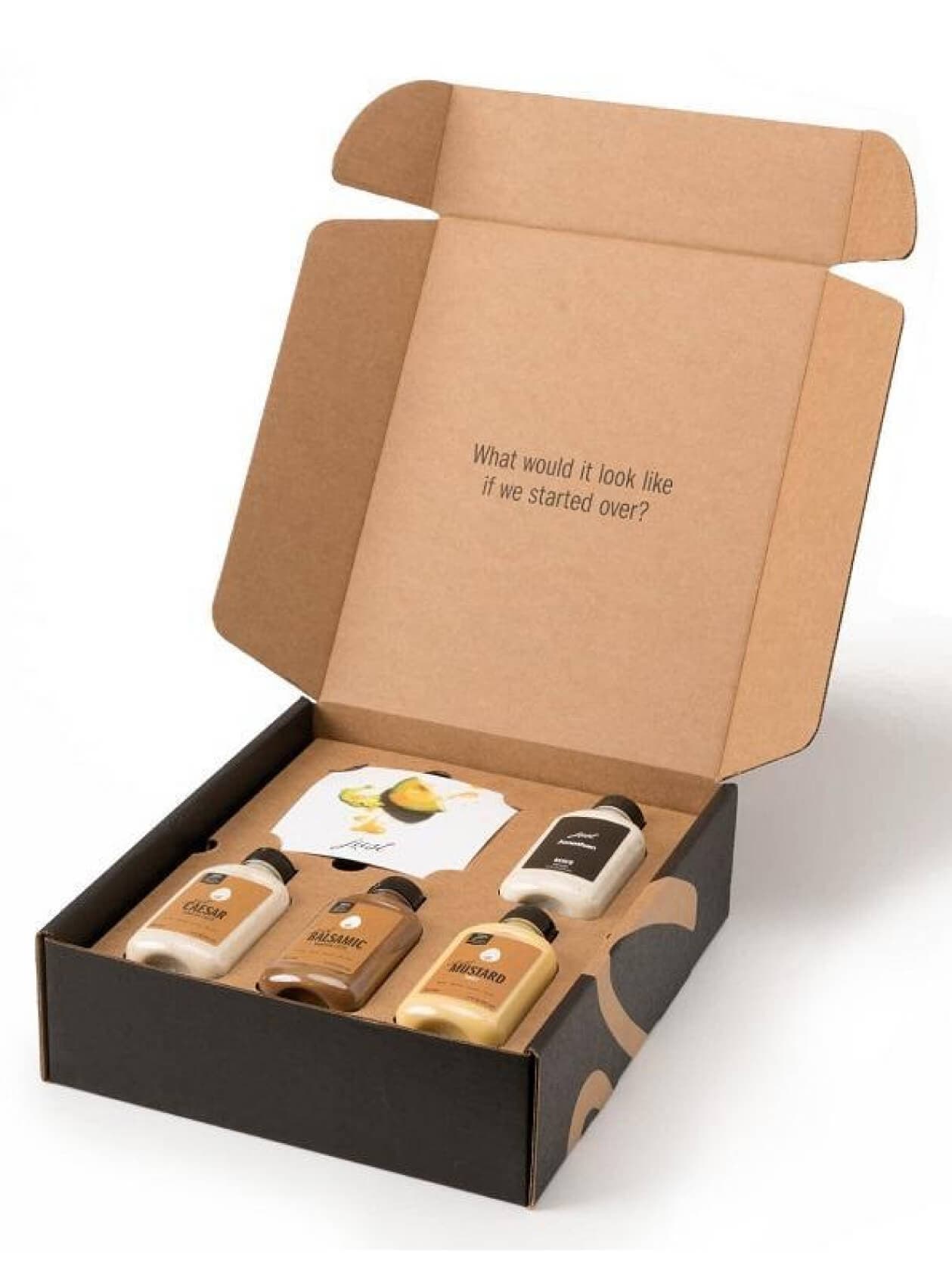 A folded physical sample box with its insert tray, assembled for hands-on evaluation
