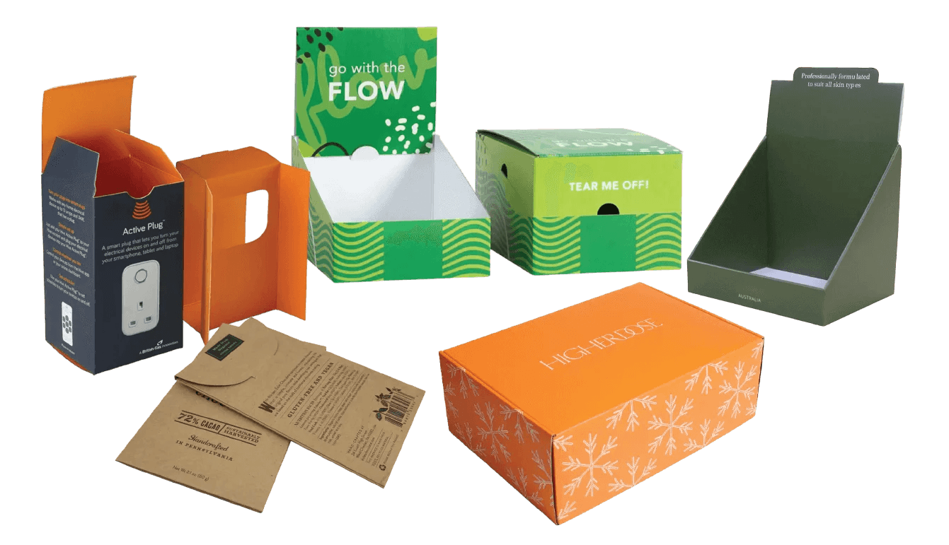 Assortment of custom printed boxes for product packaging and shipping