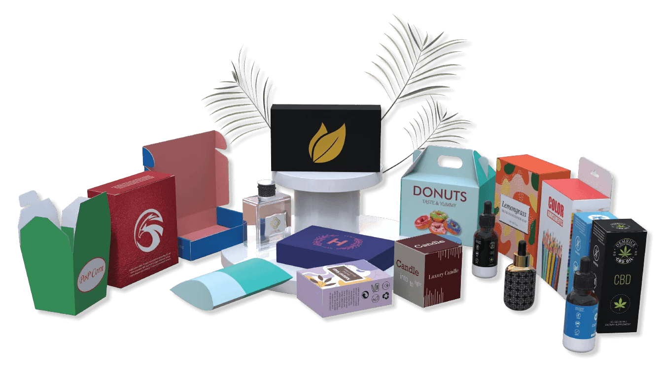 A spread of custom-printed boxes, bags, mailers and labels