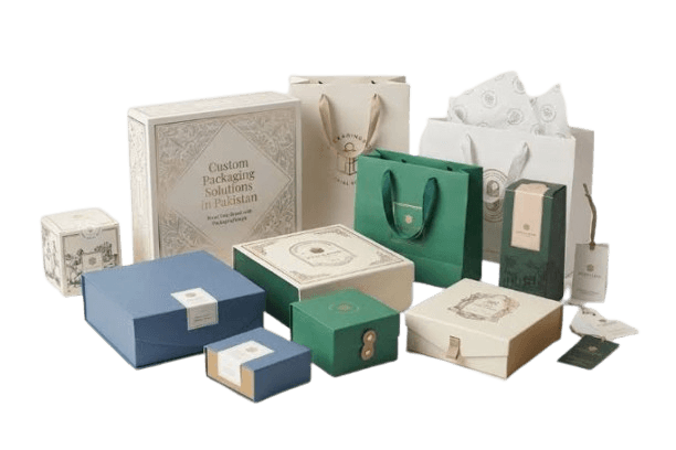 A selection of custom-printed packaging samples shown as cut-out artwork