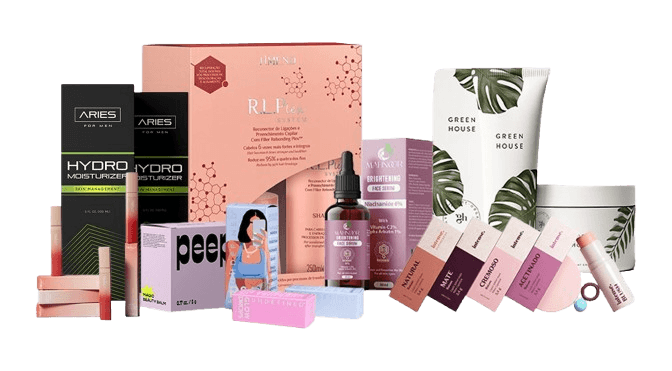 Custom-printed cosmetic boxes shown as cut-out artwork