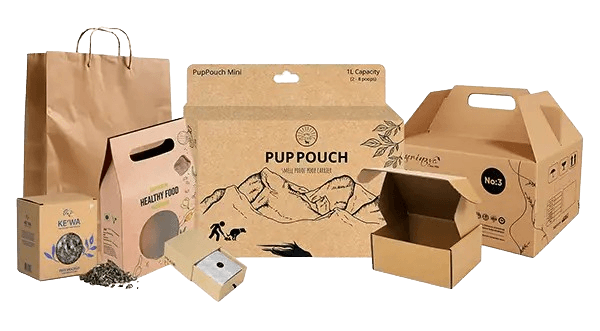 Custom-printed kraft boxes shown as cut-out artwork